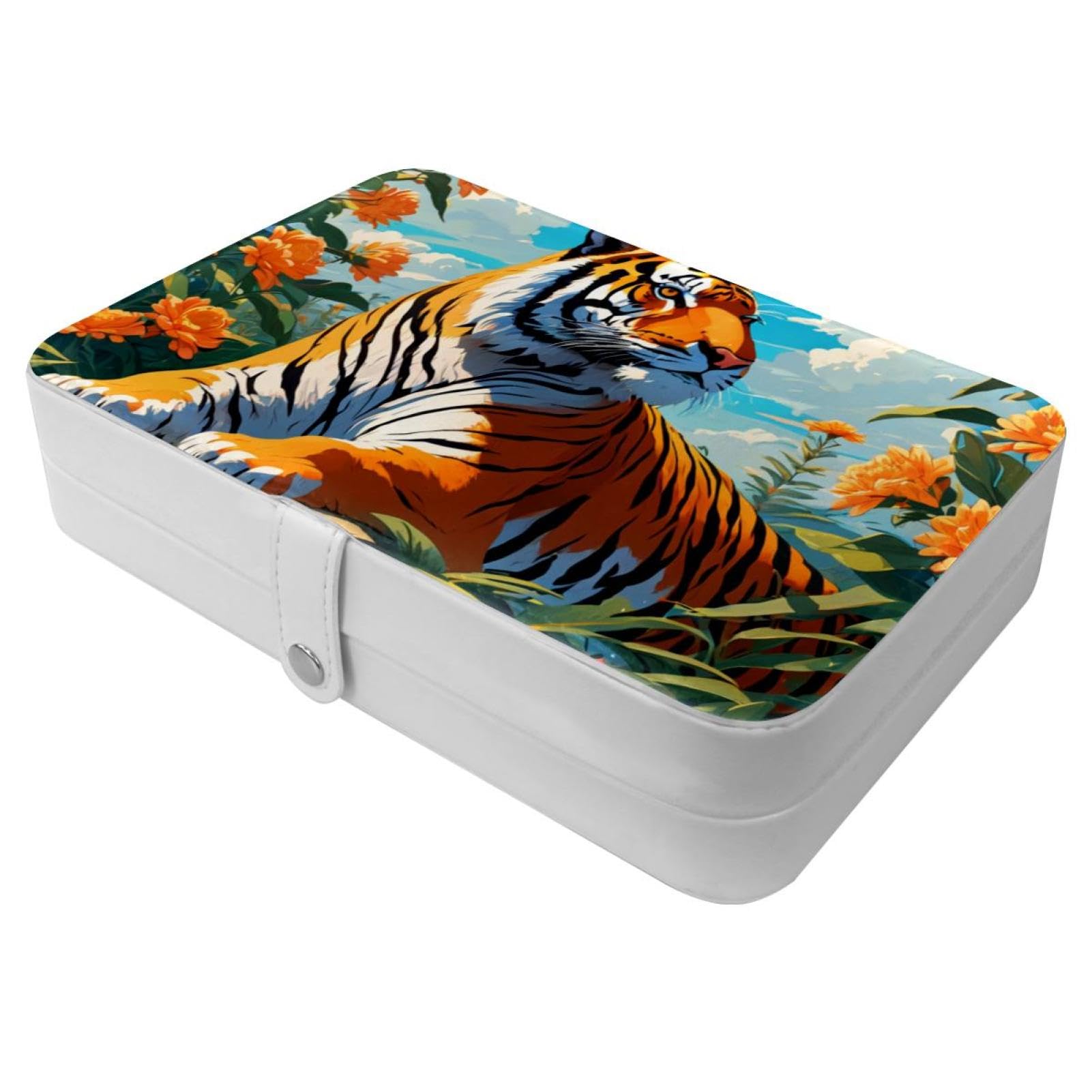 Boîte à bijoux tigre mignon et fleur pour femme avec boucle