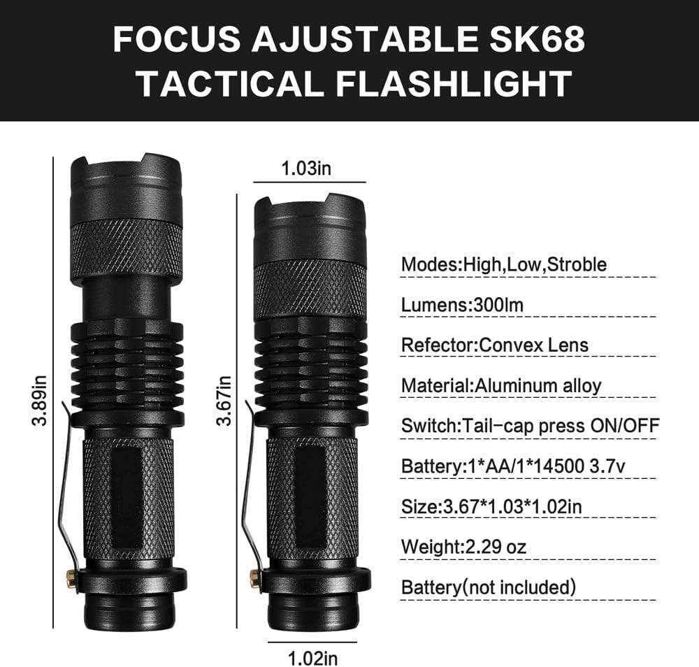Mini latarka taktyczna LED, 300 lm, regulowana ostrość, zoom światła, wodoszczelna, na wędrówki, kemping (4 sztuki)