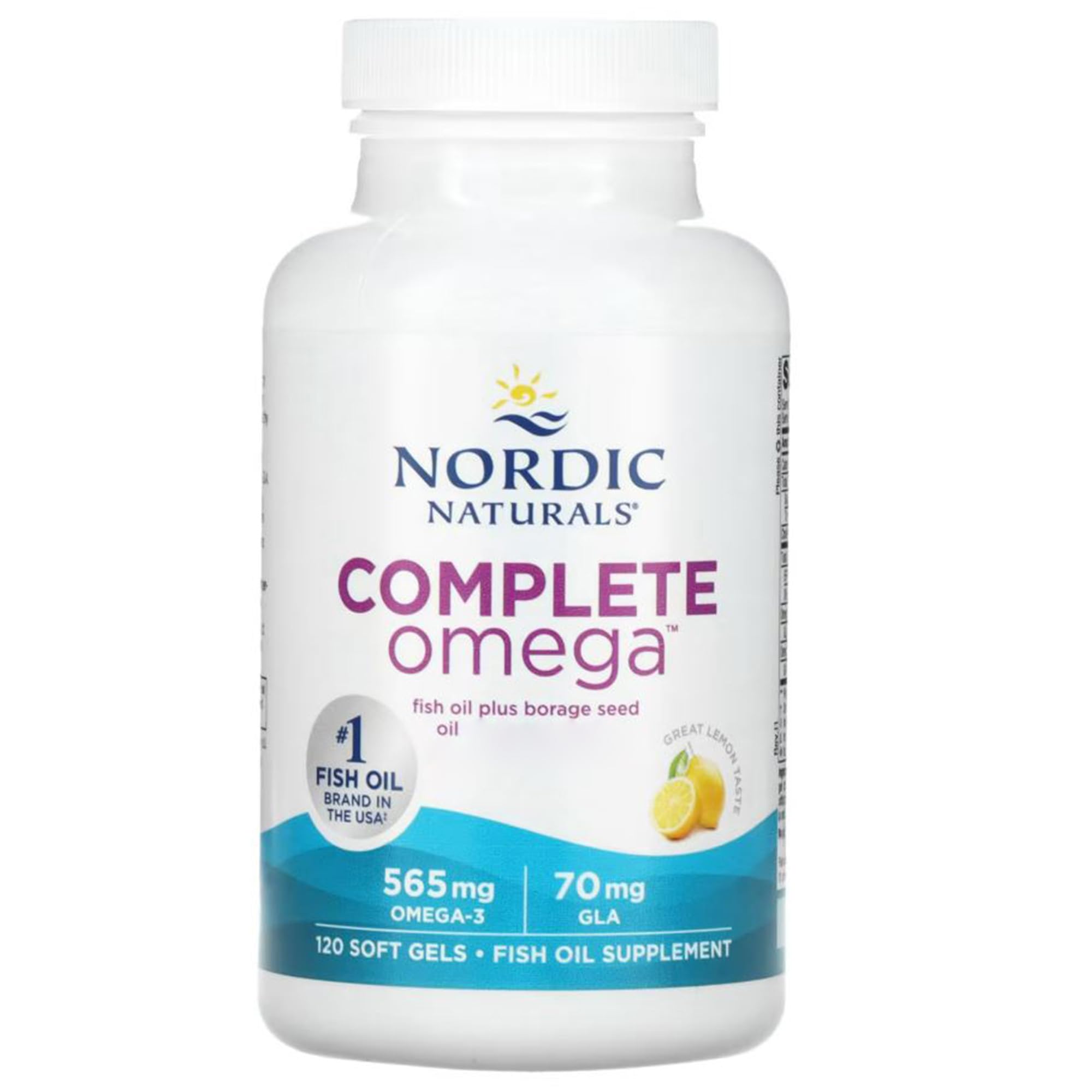 Nordic Naturals Complete Omega-3, 565 mg, Con olio di borragine e GLA, 120 Capsule morbide, Gusto limone, Testato in Laboratorio, Senza Soia, Senza Glutine, Non OGM