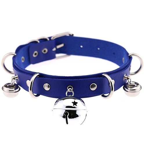 FM FM42 Multicolor PU Simulated Leather Black-tone Silver-tone 4cm Large Bell Rivets Neckband Choker Necklace - Silver-tone Bell & Royal Blue