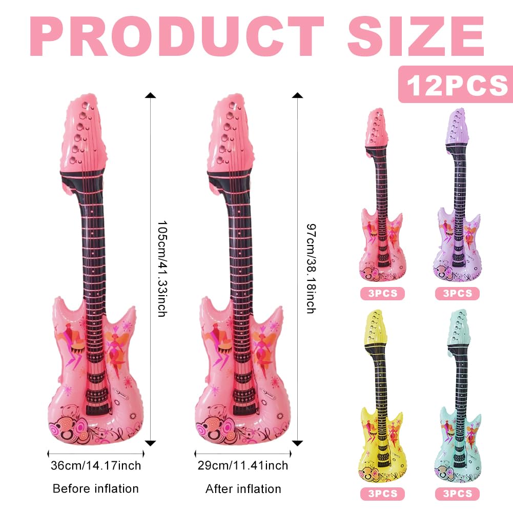 Embhlitfe 12 piezas de guitarra inflable, instrumento musical inflable, guitarra de rock Rockstar juguete, accesorios inflables para fiestas para niños y adultos, decoración de fiesta (105 x 36 cm)