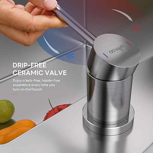 Miniatura 6 de APPASO Grifo de cocina de 2 agujeros, grifo de cocina de acero inoxidable con rociador extraíble, 3 modos, níquel cepillado de arco alto, moderno