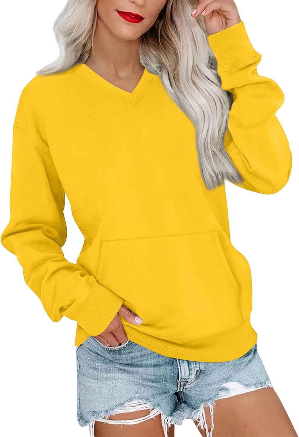V Neck Sweatshirt Women with Pockets Casual Plain Comfort Hoodless Hoodies Cozy Fleece Pullover Sweatshirts No Hood