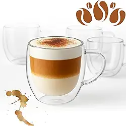 Kit 4 Xicara Vidro Dupla Parede 250ml Alça Café Expresso Borossilicato Térmica Latte Transparente Parede Dupla Cappuccino Mantém Café Quente Sem Esquentar as Mãos Caneca