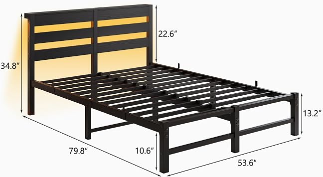 4ft6 Double Bed Frame with Charging Station and LED Lights, Heavy Duty Metal Platform Double 135x190 cm Bed Frame with Wood Storage Headboard, No Box Spring Needed, Noise Free, Black