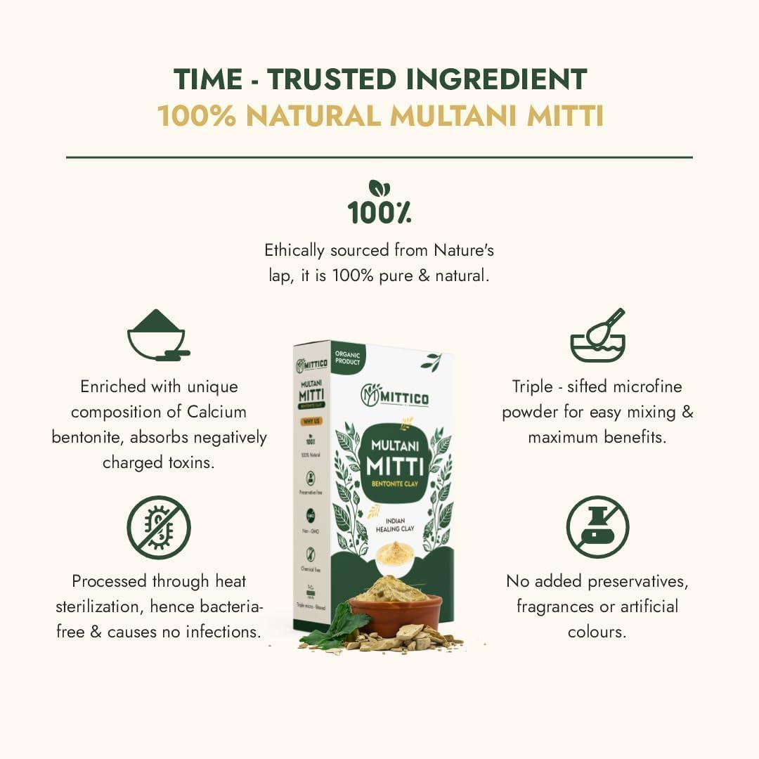 MITTICO Multani Mitti Powder Natural Fuller’s Earth for Face & Hair Packs Removes Dead Skin Cleanses Pores Reduces Dandruff & Scalp Itchiness Soft & Glowing Skin (Pack of 2) 3
