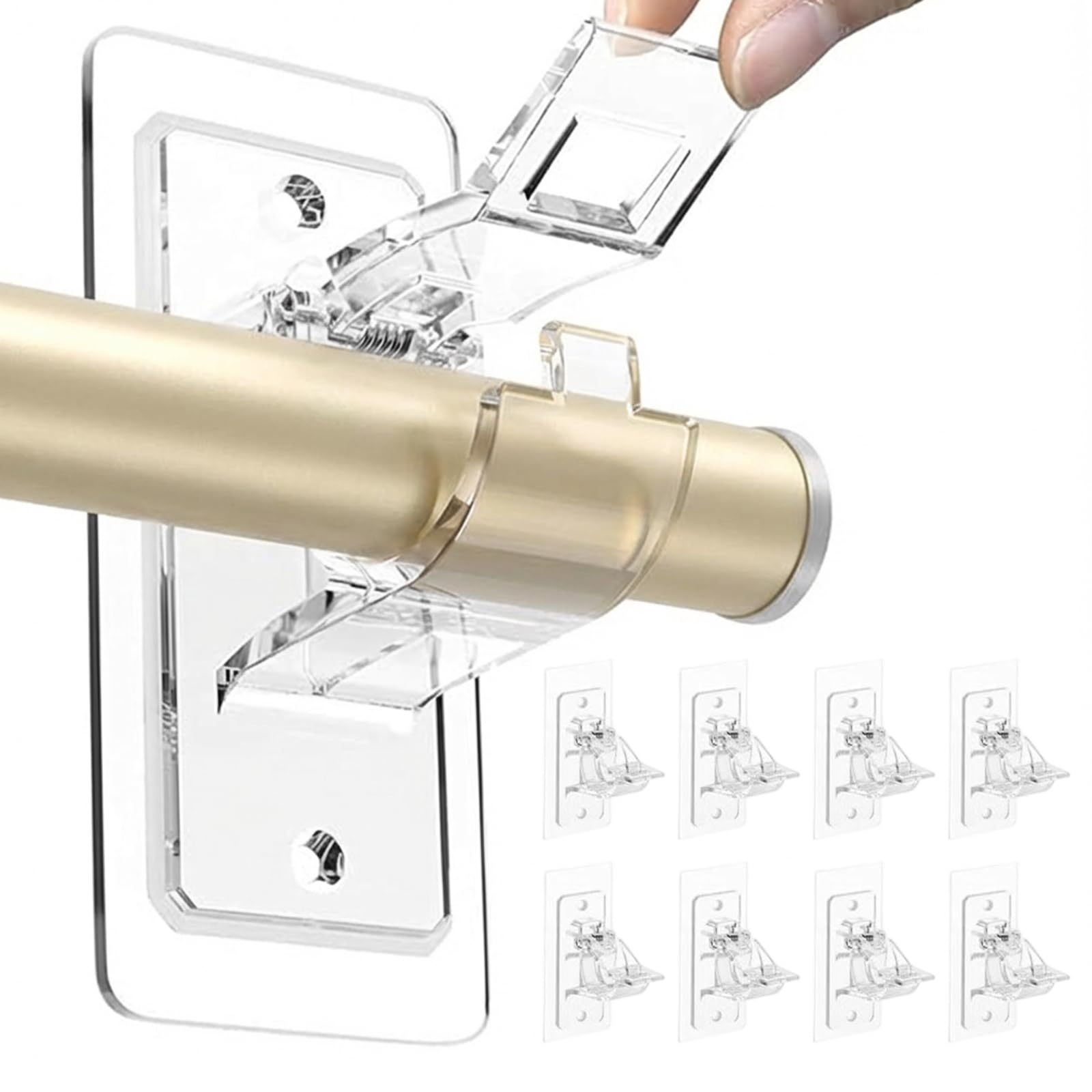 8 Pack No Drill Curtain Pole Brackets, Transparent Self Adhesive Curtain Hooks, Stick on Curtain Rail Holders for Curtain Poles No Drilling - Heavy Duty 20LBS Capacity for Bathroom, Kitchen, Bedroom
