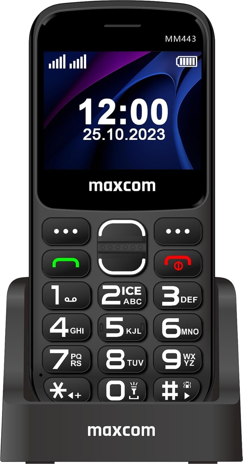 Telefono cellulare per anziani 4G con tasti grandi e pulsante SOS, base di ricarica, Dual SIM, batteria 1700 mAh, display 2,31", volume alto, facile da usare, Maxcom MM443 nero