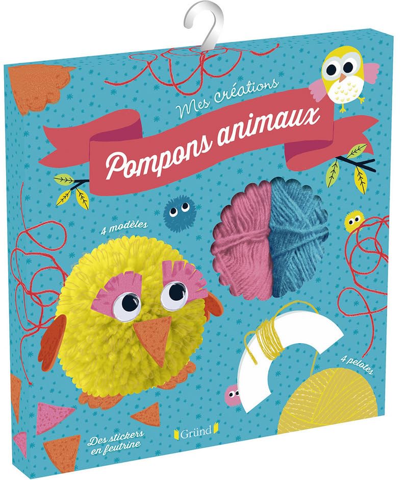 Pochette pompons animaux – Pochette avec 4 pelotes de laine, des stickers en feutrine et des stickers d'yeux – À partir de 6 ans