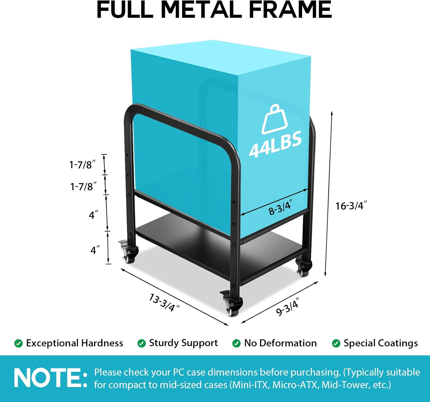 360Tonics Computer Tower Stand, Height Adjustable PC Stand Computer Cart Under Desk 2-Tier Suit for ATX Case Mini/Mid Tower, Full Metal Rolling CPU Holder with Wheels for Home Office, Black