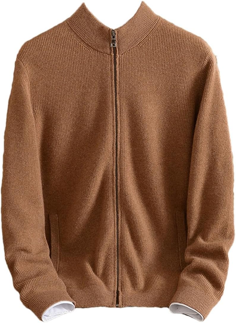 Men's Autumn Winter 100% Cashmere Sweater Stand-Up Collar Zipper Cardigan Thickened Warm Casual Jacket