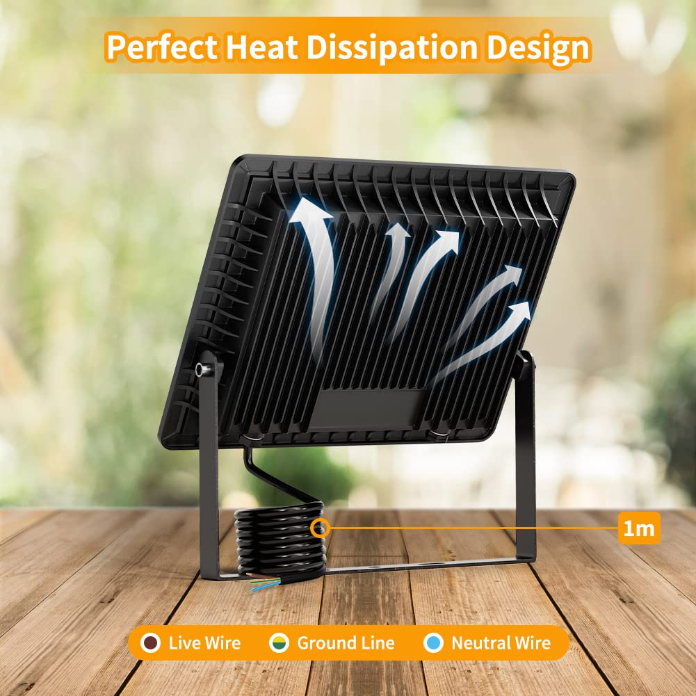 JESLED Faretto LED da Esterno, 100W 10000LM Super Luminosa Faro LED Esterno, 144LED 6000K Bianco Freddo Faretti LED Esterno, Impermeabile IP66 Fari LED da Esterno per Giardino Garage(Cavo da 1M)