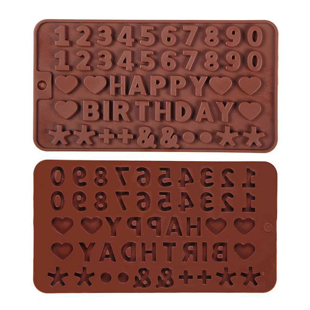 Juego de 2 moldes de silicona con letras y números para chocolate, con símbolos de feliz cumpleaños, moldes de silicona para decoración de tartas de cumpleaños, horneado y bricolaje