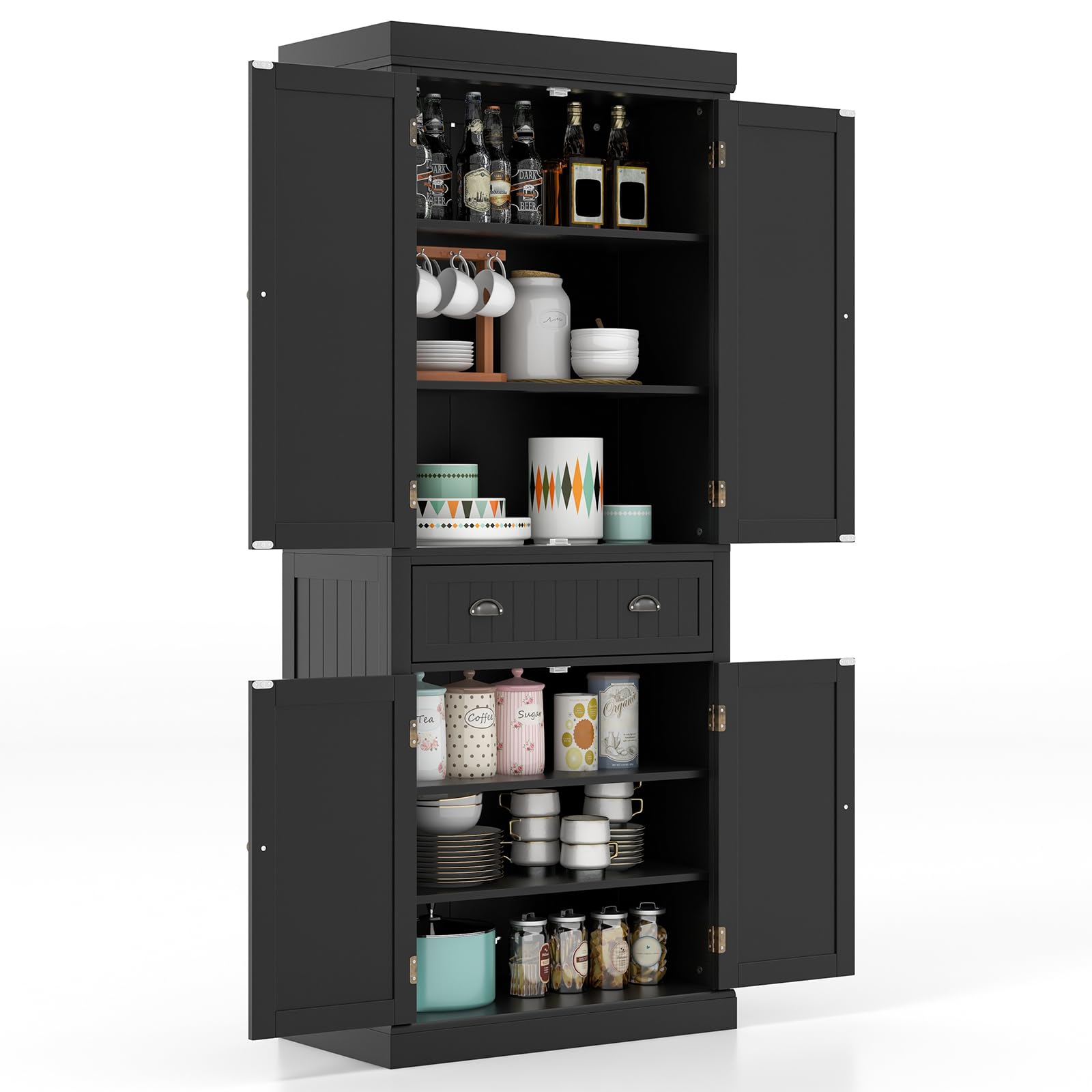 GiantexUK 183cm Tall Kitchen Cupboard, 4-Door Freestanding Pantry Cabinet with Adjustable Shelf, Drawer & Anti-Toppling Device, Wooden Storage Cupboard for Dining Room (without Door Racks, Black)