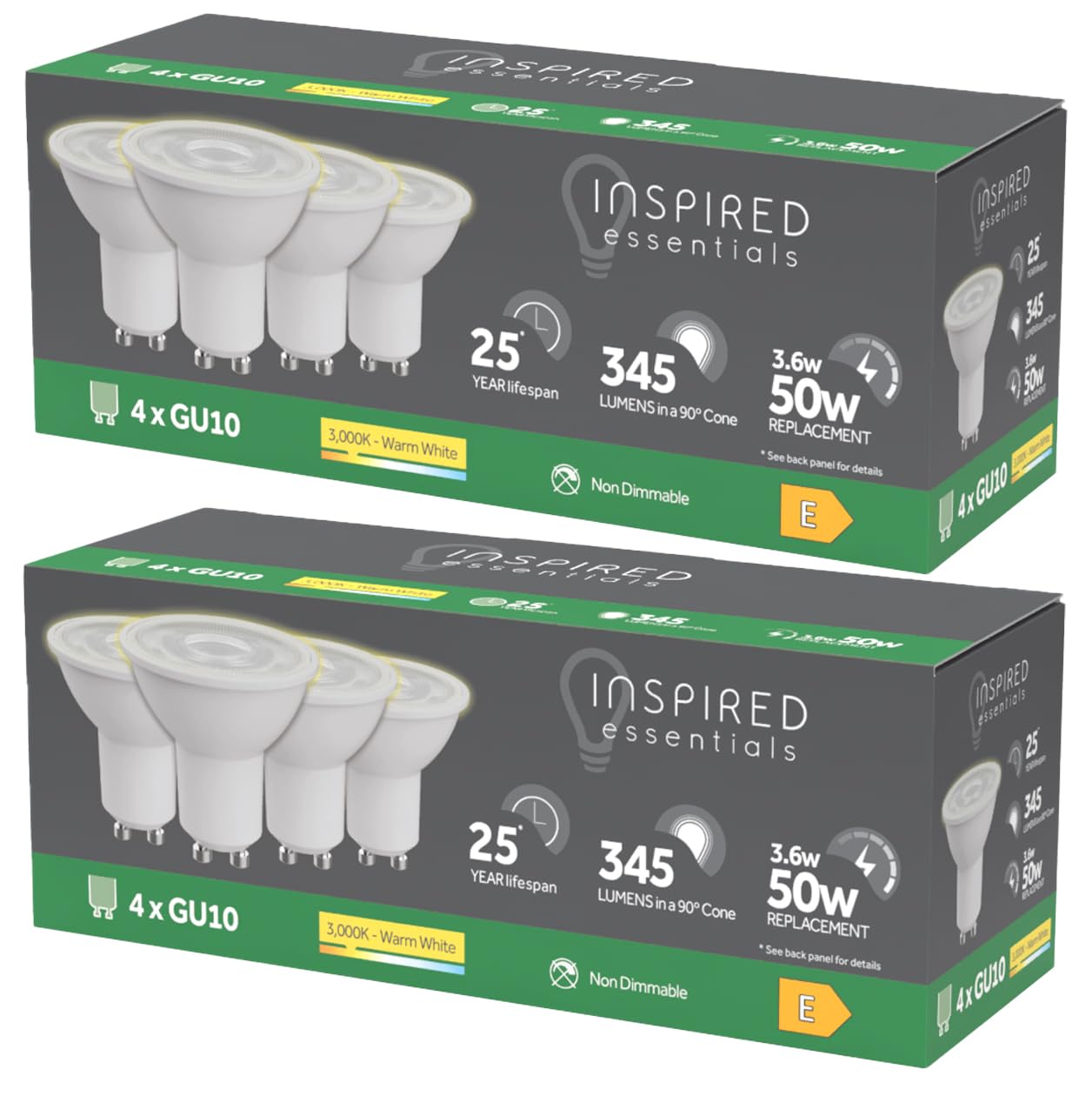 Inspired Essentials LED GU10 Spotlight Bulb 3.6W (50W Replacement) - Pack of 8 LED Bulbs - Warm White