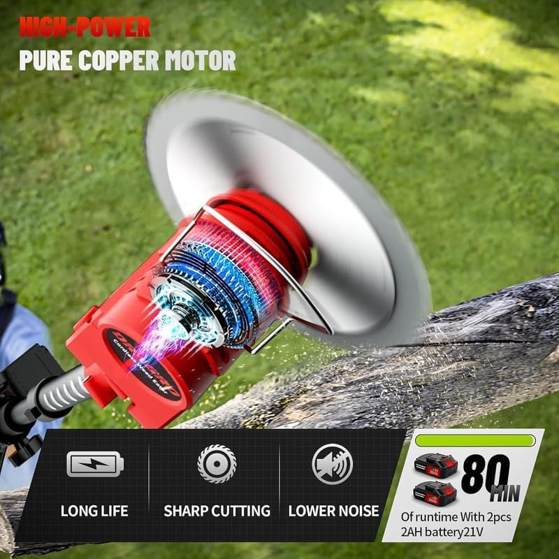 Image of 21V Cordless Grass Trimmer Kit with 3 Types of Blades, 2 Batteries, Wheels, Safety Gloves, Goggles, Charger & Allen Key | Electric Brush Cutter, Lawn Mower & Weed Cutter for Garden.