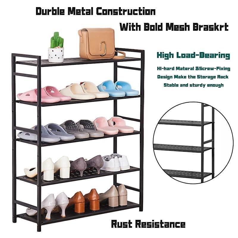 Image of 5 Tier Metal Shoe Rack for Entryway, Shoe Storage Organizer, Multi Layer Shoe Stand, Heavy Duty Shoe Shelf for Home, Bedroom, Closet & Living Home (Black, 5-Tier)