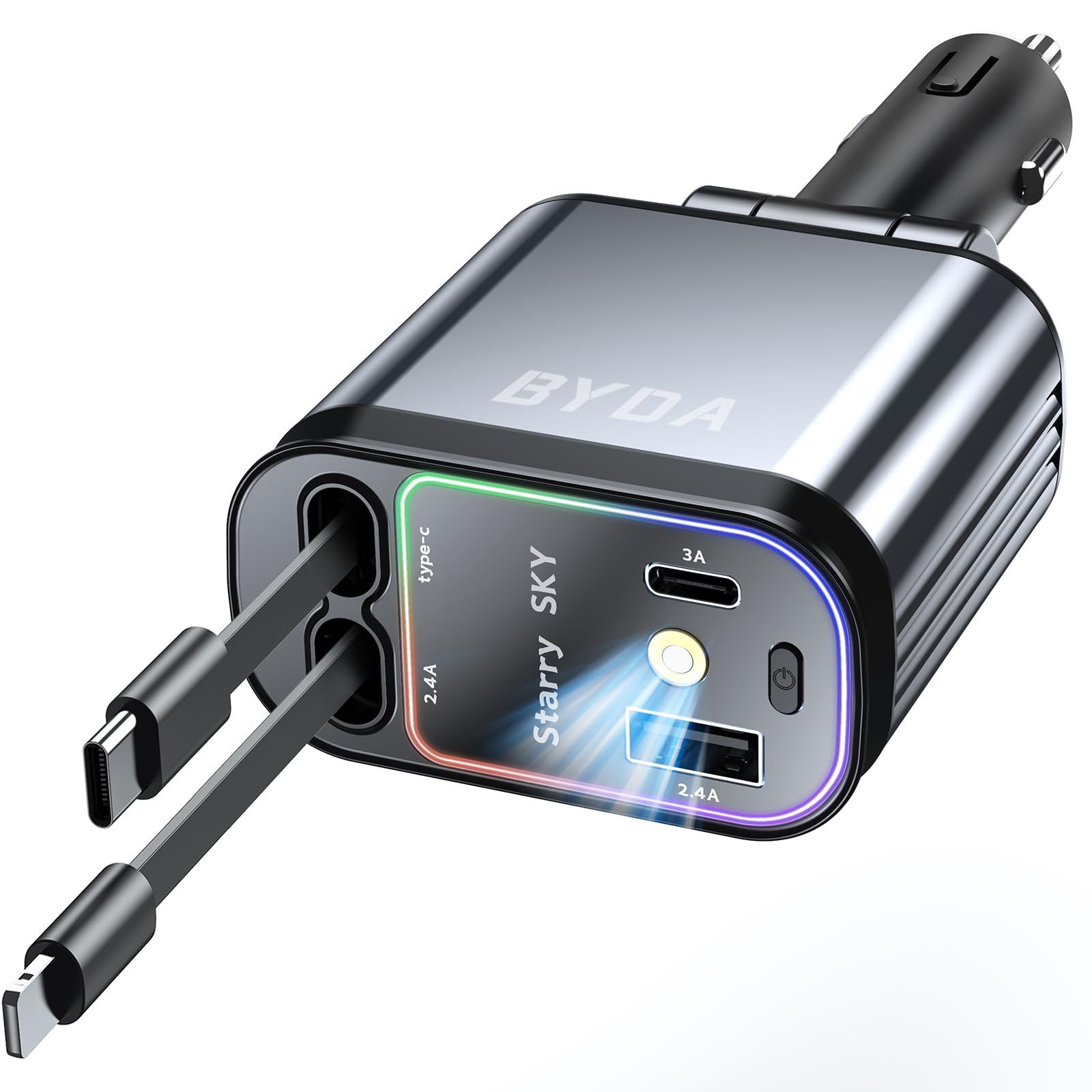 4 in 1 Retractable Car Charger 69W with Starry Light,USB-C Fast Charger,Compatible iPhone 16/15/14/13/12, Android, 180° Adjustable Plug,Multi-Device Support