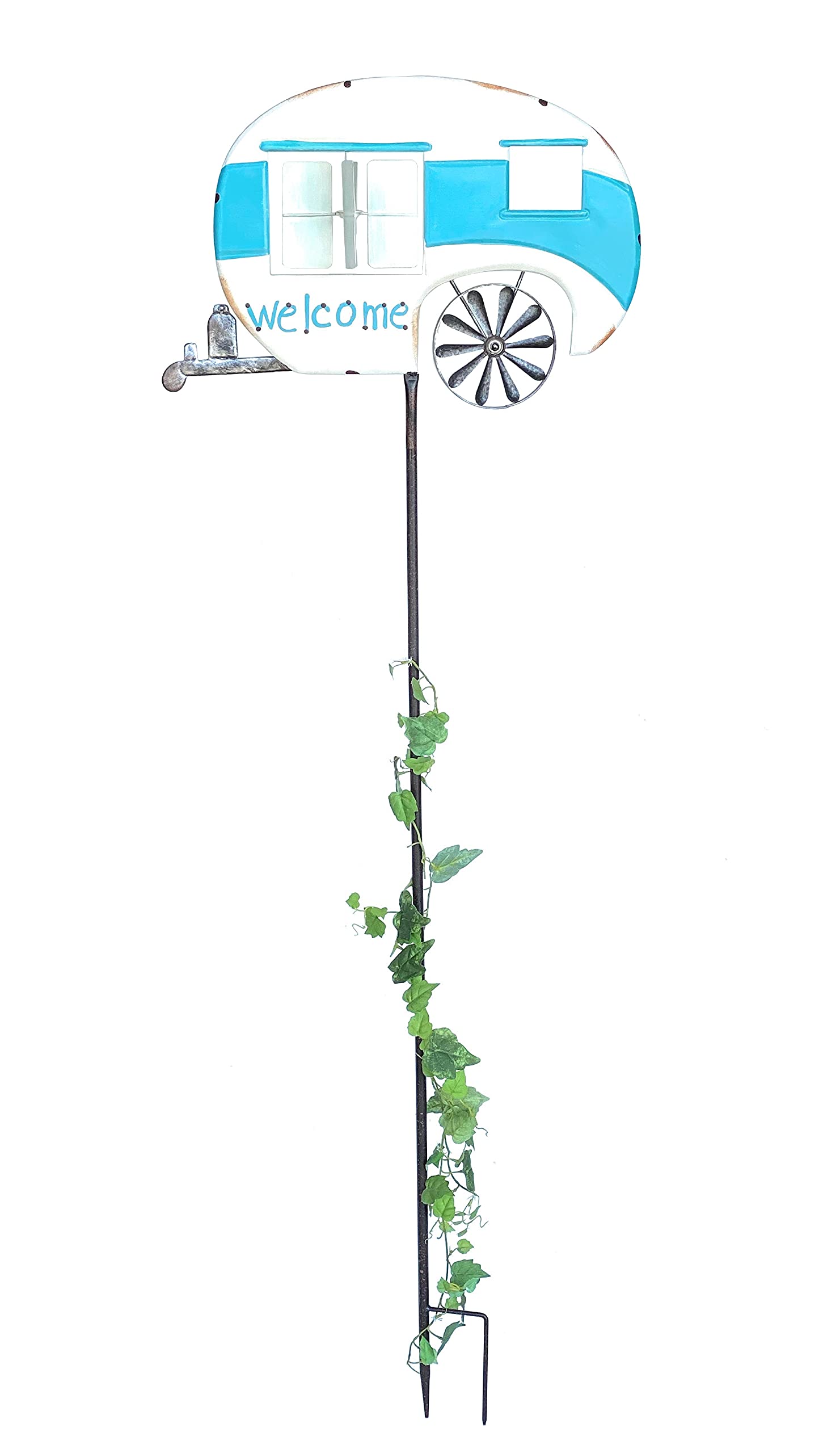DanDiBo Gartenstecker Metall Wohnwagen XL 160 cm Blau Weiß Caravan 96103 Windspiel Willkommen Windrad Wetterfest Gartendeko Gartenstab Bodenstecker Camper
