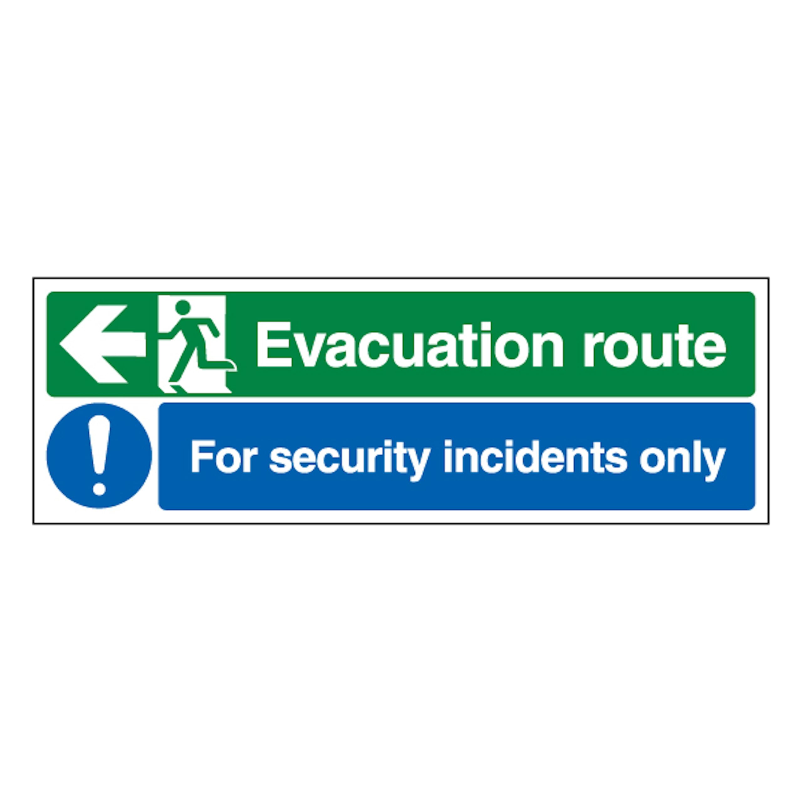 V Safety Evacuation Route Arrow Left/Security Incidents Only 450 x 150 mm - 2mm Super-Tough Rigid Plastic Safety Sign