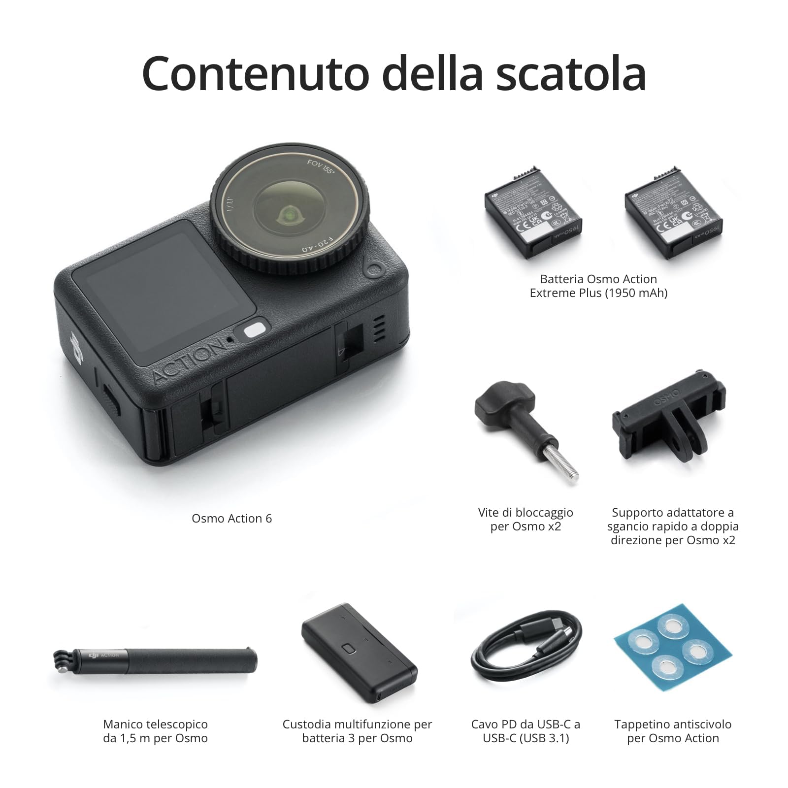 DJI Osmo Action 6 Combo Potenziato, action cam con sensore quadrato da 1/1,1″, fotocamera 4K apertura variabile da f/2,0 a f/4,0, autonomia estesa (OA6 Enhanced Combo)