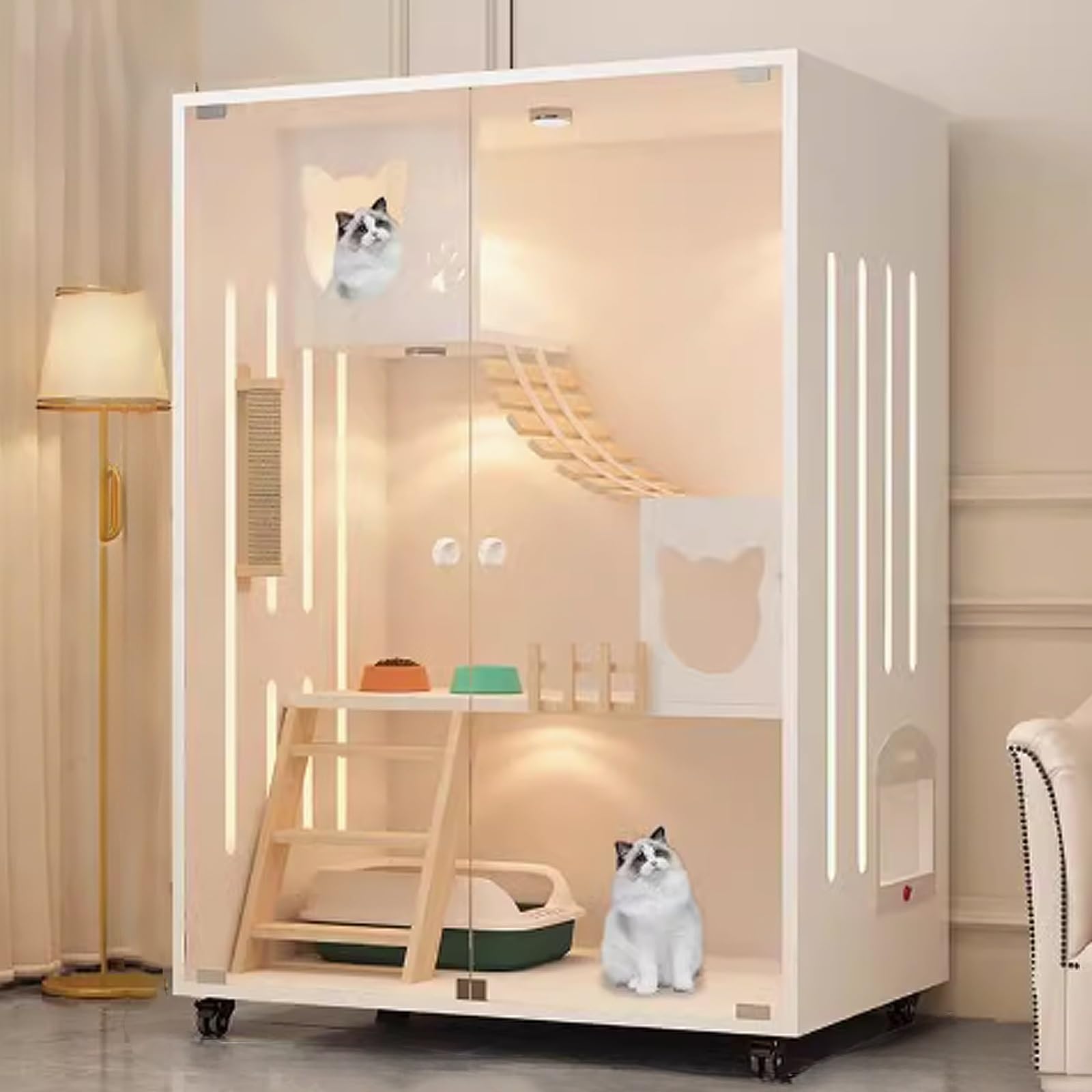 Recinto per Cani, Gatti e Conigli, Recinto for Gatti con Ruote, Coperchio Superiore, Luce Notturna - Bianco e Grigio(White)