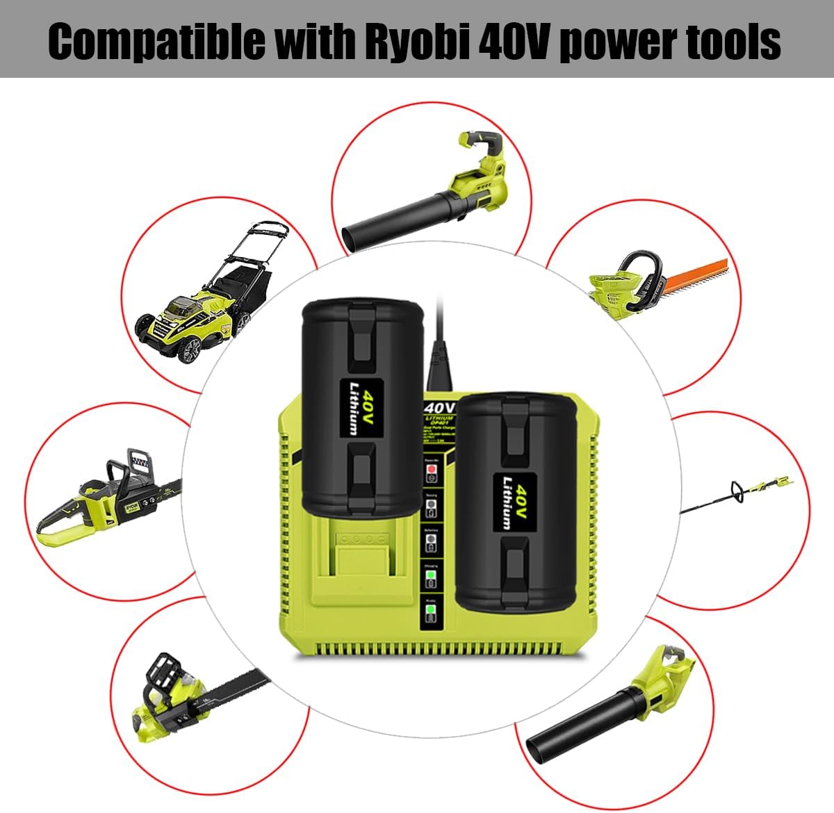 2 Pack 6.5Ah 40V Lithium Ion Battery and Dual Charger for Ryobi 40V 6Ah 5Ah 4Ah 3Ah 2Ah Battery and Charger Combo Kit OP4060A1 OP4050A OP4040 OP401 40V Dual Charger