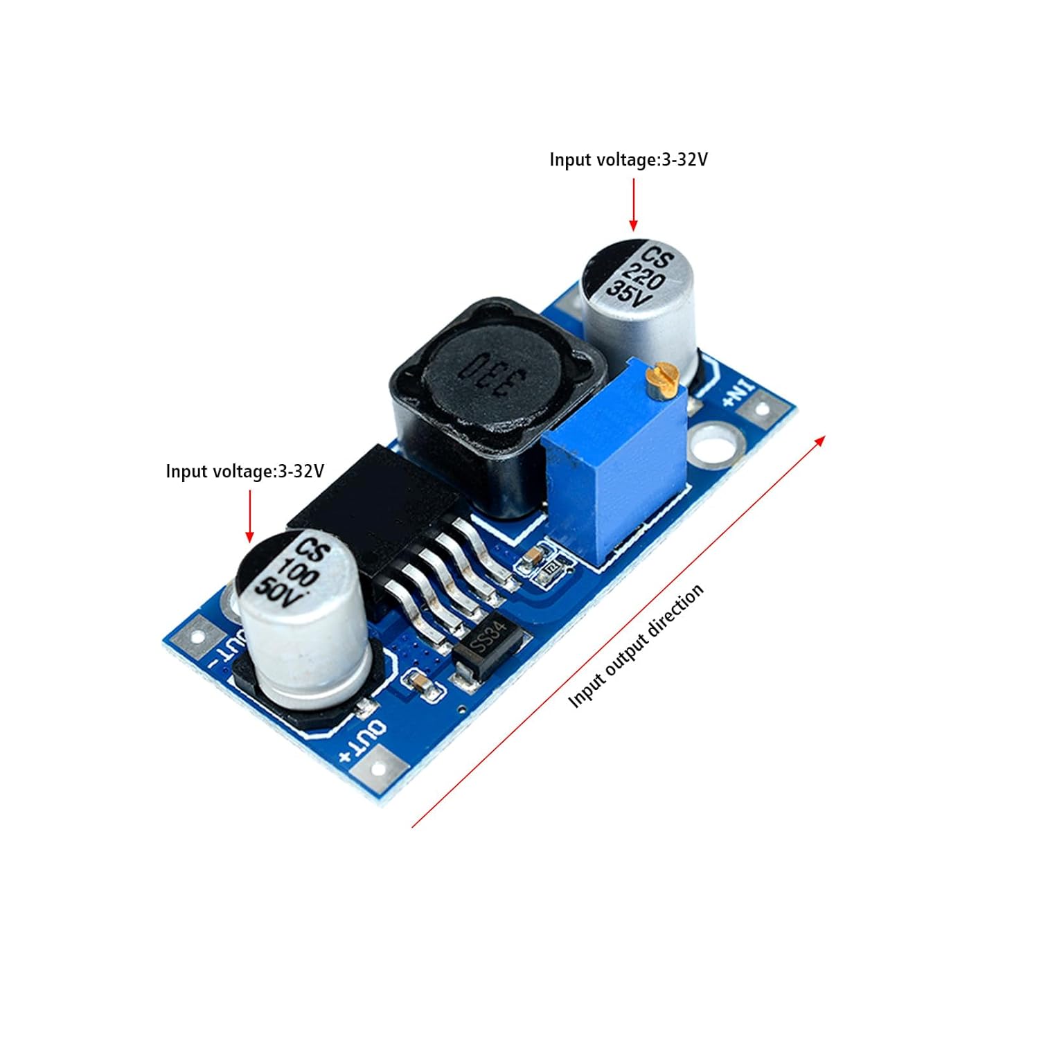 Heemol DC-DC Boost Converter Module showing input voltage range and output direction.