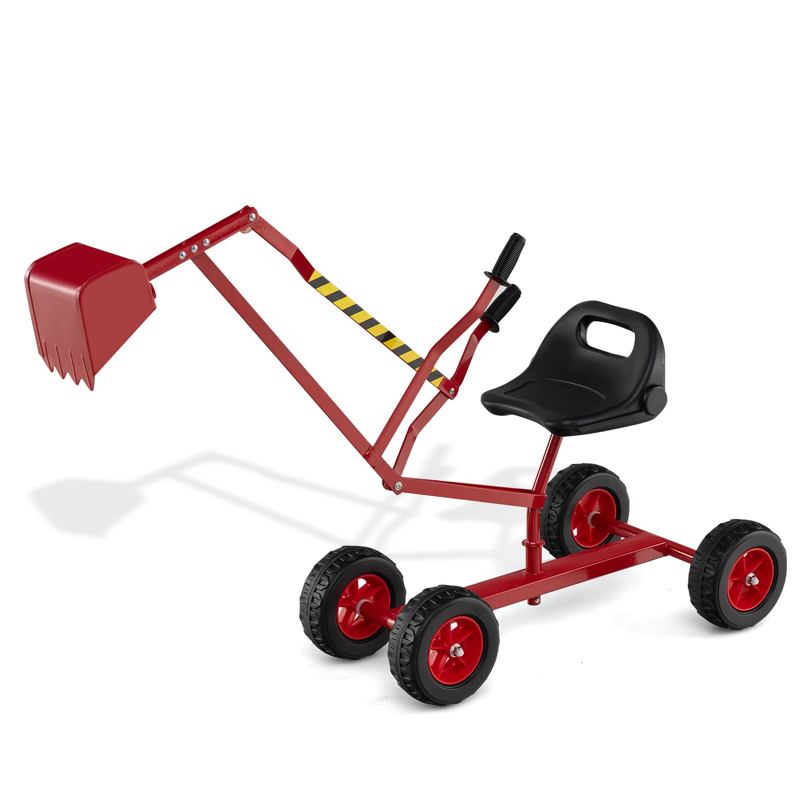 COSTWAY Kids Sand Digger, Sit on Excavator Toy with 4 Wheels, 2-Handed Controls, Flexible Shovel, 360° Rotatable Seat, Outdoor Construction Excavator for 3+ Years Old (Red+Black, 123x40x66cm)
