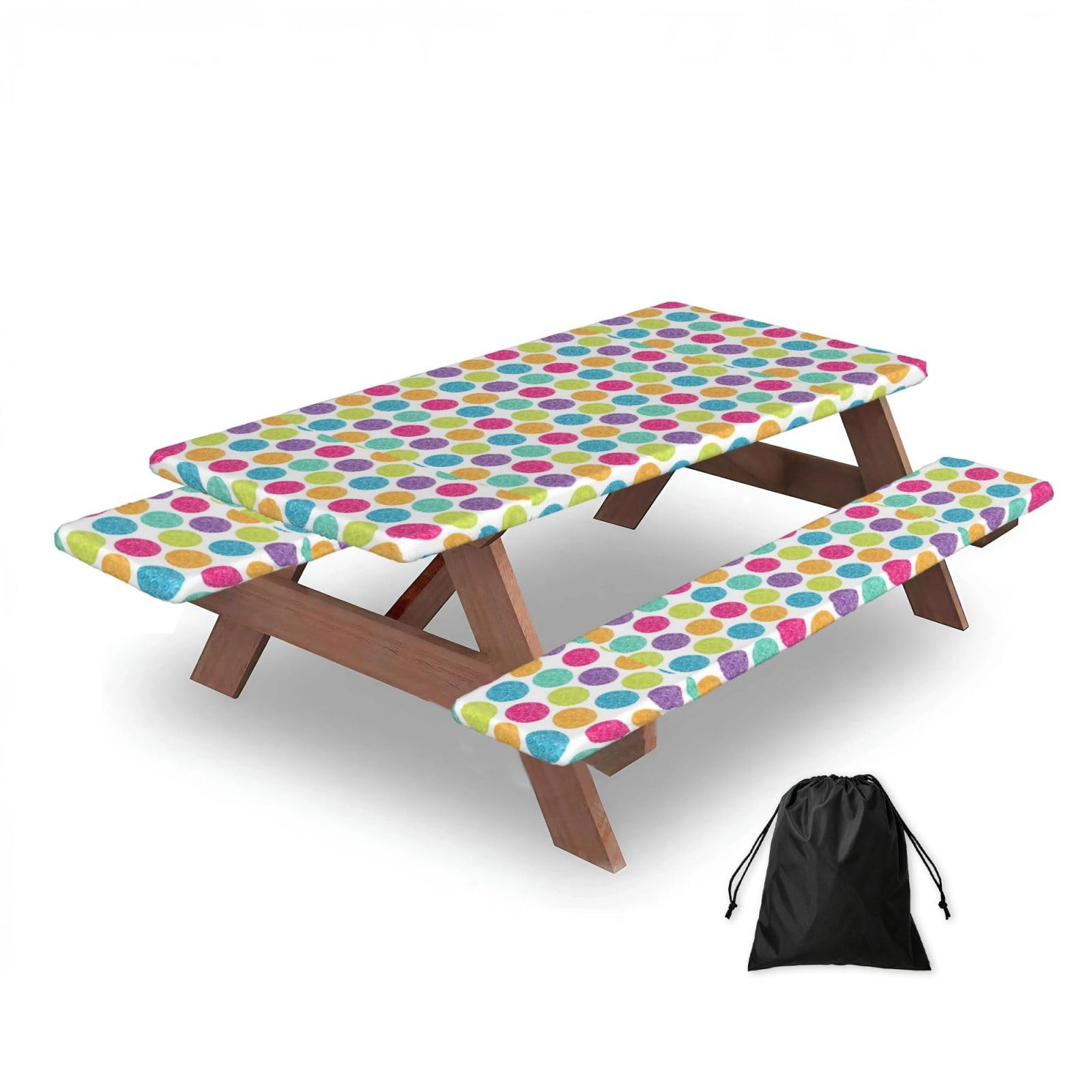 Dopklna As Picture Bright Polka Dot Colorful Polka Dot, Picnic Table Cover With Bench Covers -Waterproof Elastic Fitted Tablecloth For Garden Camping Patio 76X152cm