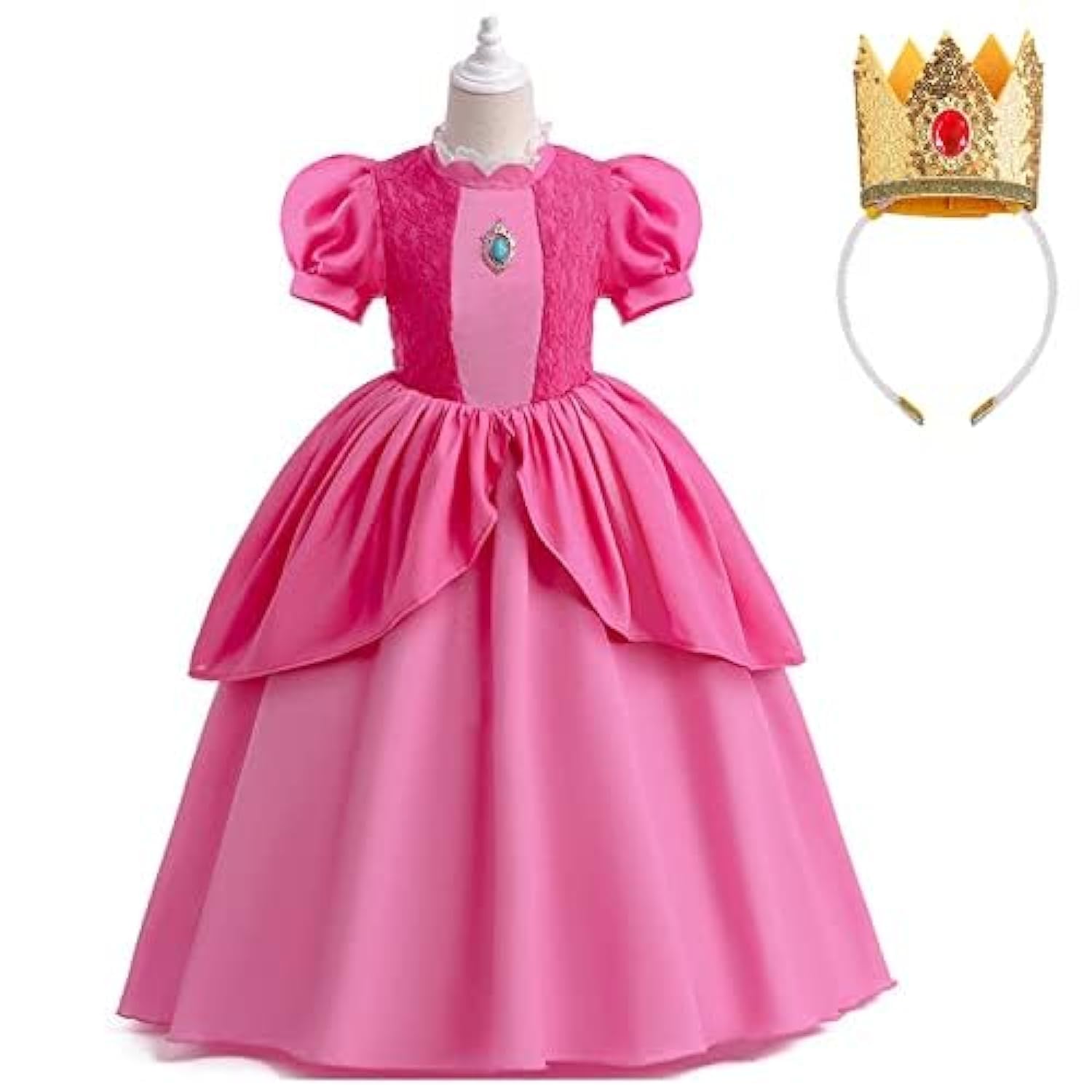 Princess Peach Dress Costume for Girls Kids,Princess Peach Dress Cosplay With Accessories Crown, Halloween Party Dress Up princess peach Dress
