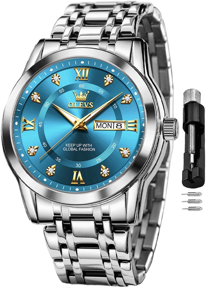 Watch for Men Classic Business Dress Analog Quartz Stainless Steel Waterproof Luminous Date Diamond Men Silver Watch