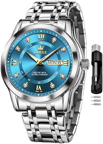 OLEVS Reloj para hombre clásico vestido de negocios analógico cuarzo acero inoxidable impermeable luminoso fecha diamante hombres reloj de plata