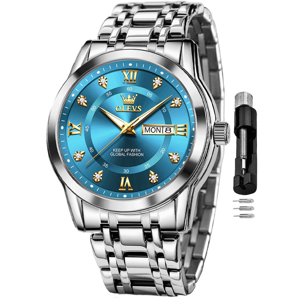 OLEVSWatch for Men Classic Business Dress Analog Quartz Stainless Steel Waterproof Luminous Date Diamond Men Silver Watch