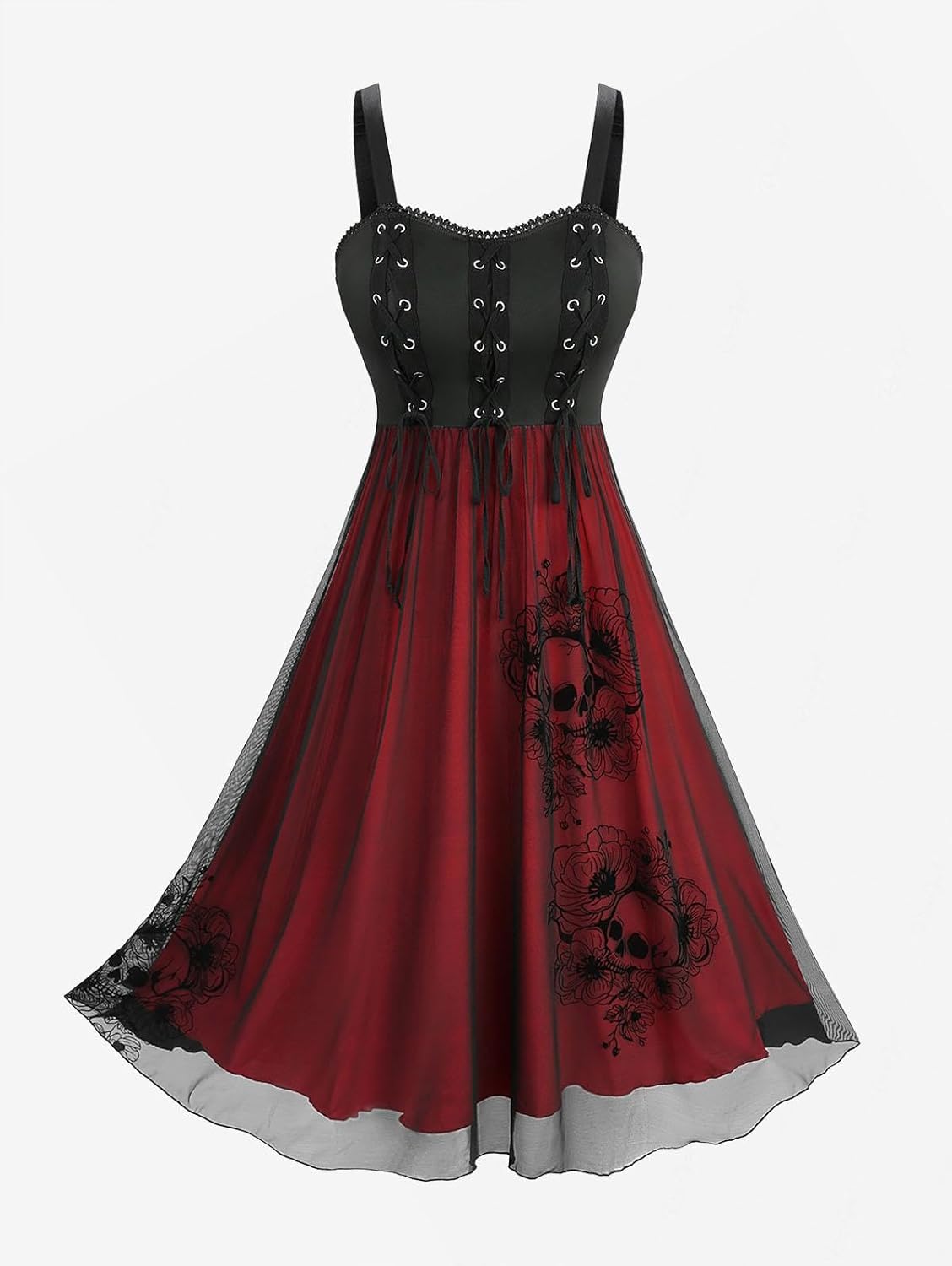 DRESSFO Women's Gothic Skull Rose Tank Dress – Flocking Lace-Up A-Line Dress with Grommets and Lace Trim - Image 5