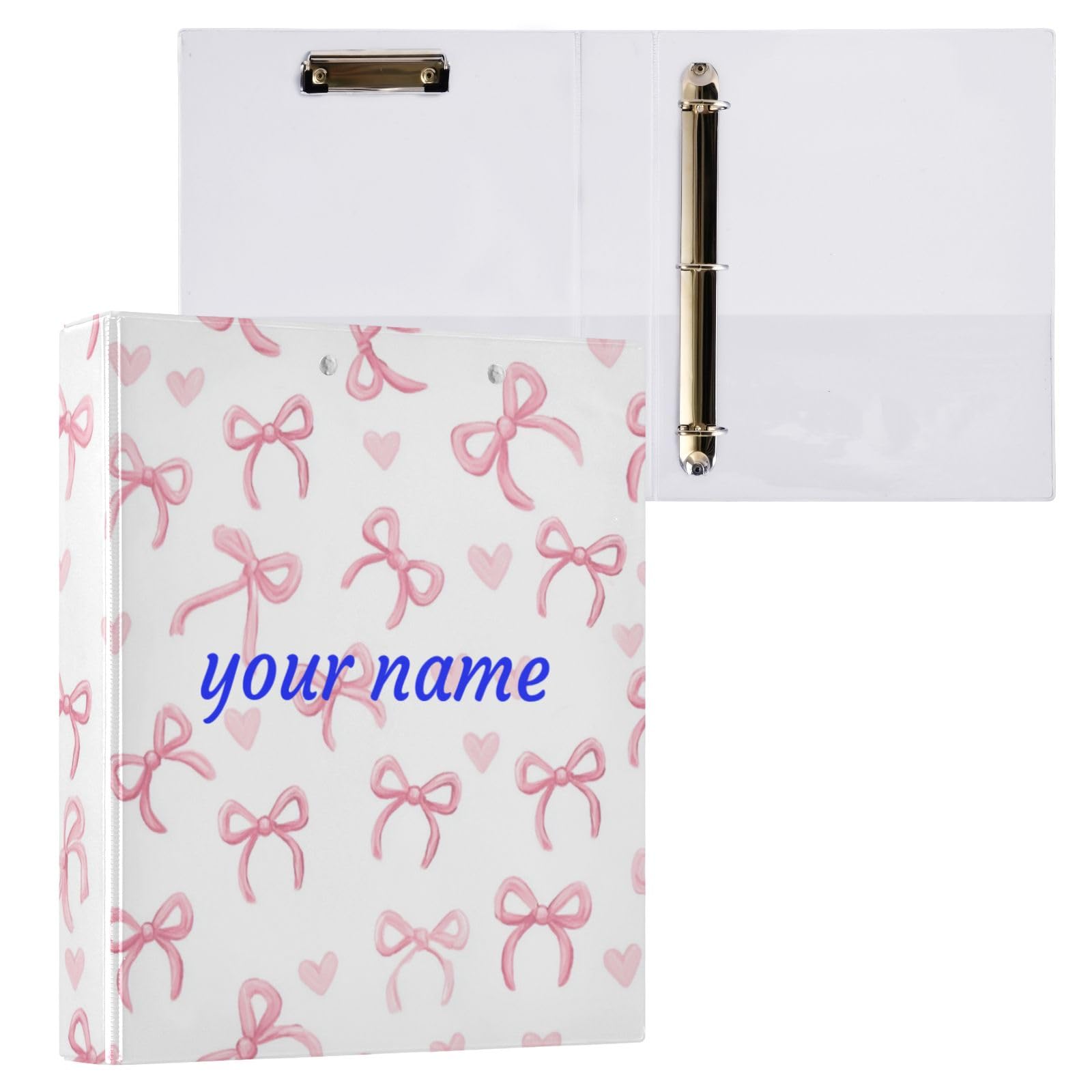 Kcldeci Custom 3 Ring Binder with clipboard,Cute Coquette Pink Ribbon Bow Personalized 1.5 inch Hardcover Binder Organizer Clipboard Binders