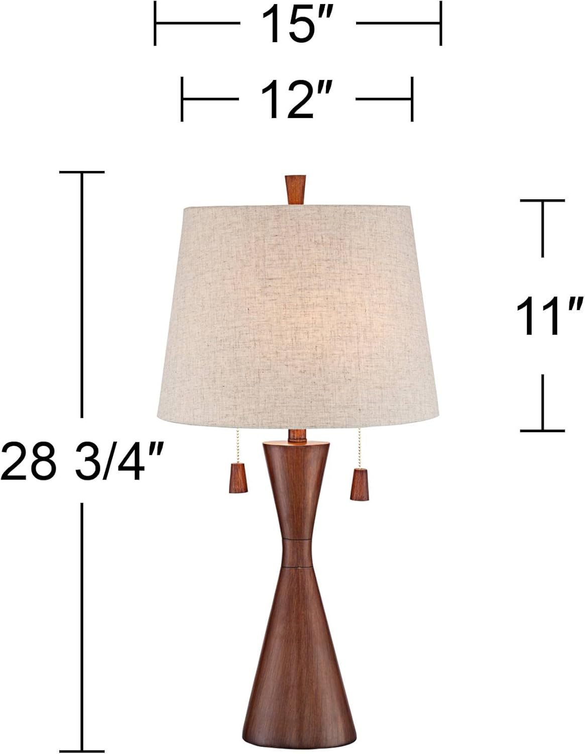 Warm Brown Faux Wood Hourglass Table Lamp with Oatmeal Fabric Shade