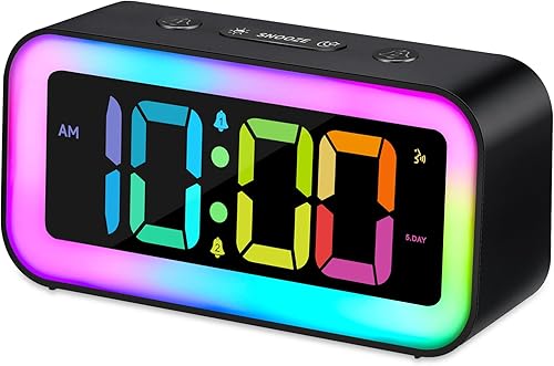 Cadmos Reloj despertador fuerte para dormitorios con luz nocturna RGB dinámica, para adultos que duermen profundamente, doble alarma, atenuador,
