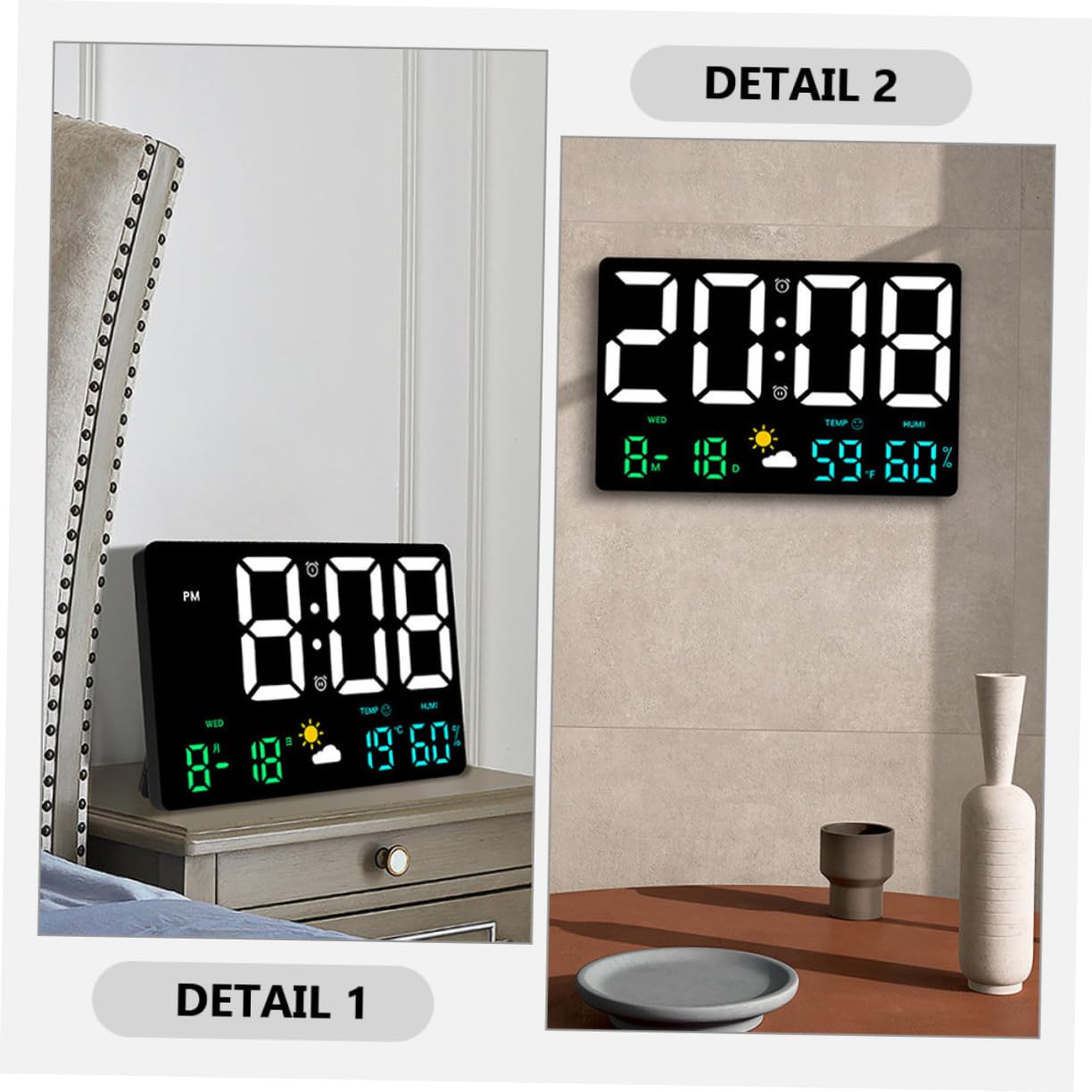 BESPORTBLE Digitale Wanduhr mit LED Display aus Kunststoff Temperatur und Luftfeuchtigkeitsmessung Wetterstation für Wohnzimmer mit Mehrfarbiger Beleuchtung und Weckerfunktion