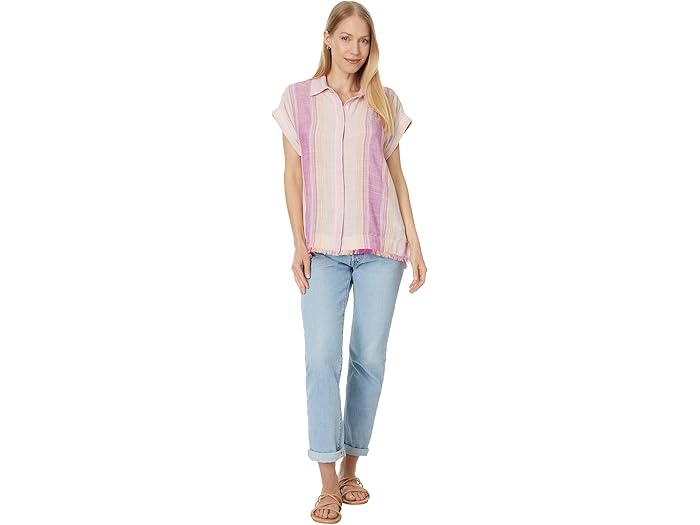 Collared Camp Shirt with Hi-Low Hem and Fray Hem - Image 1