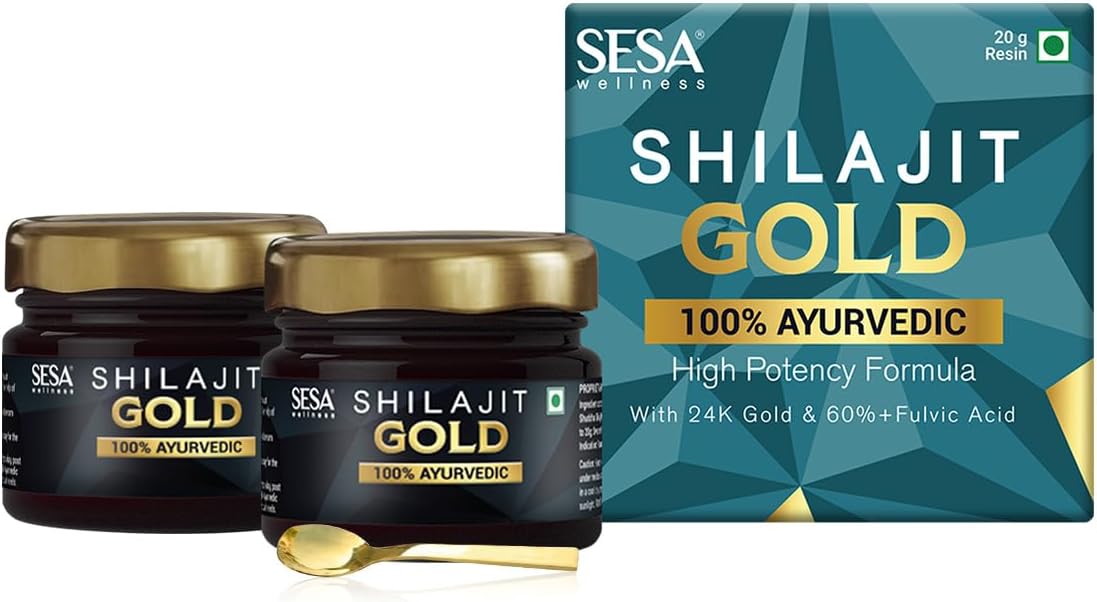 SESA Shilajit Gold Resin 40g With 24k Gold 60%+ Fulvic Acid (Certificate Included) Helps Boost Stamina, Immunity & Muscle Recovery 100% Ayurvedic - 20 g (Pack of 2)