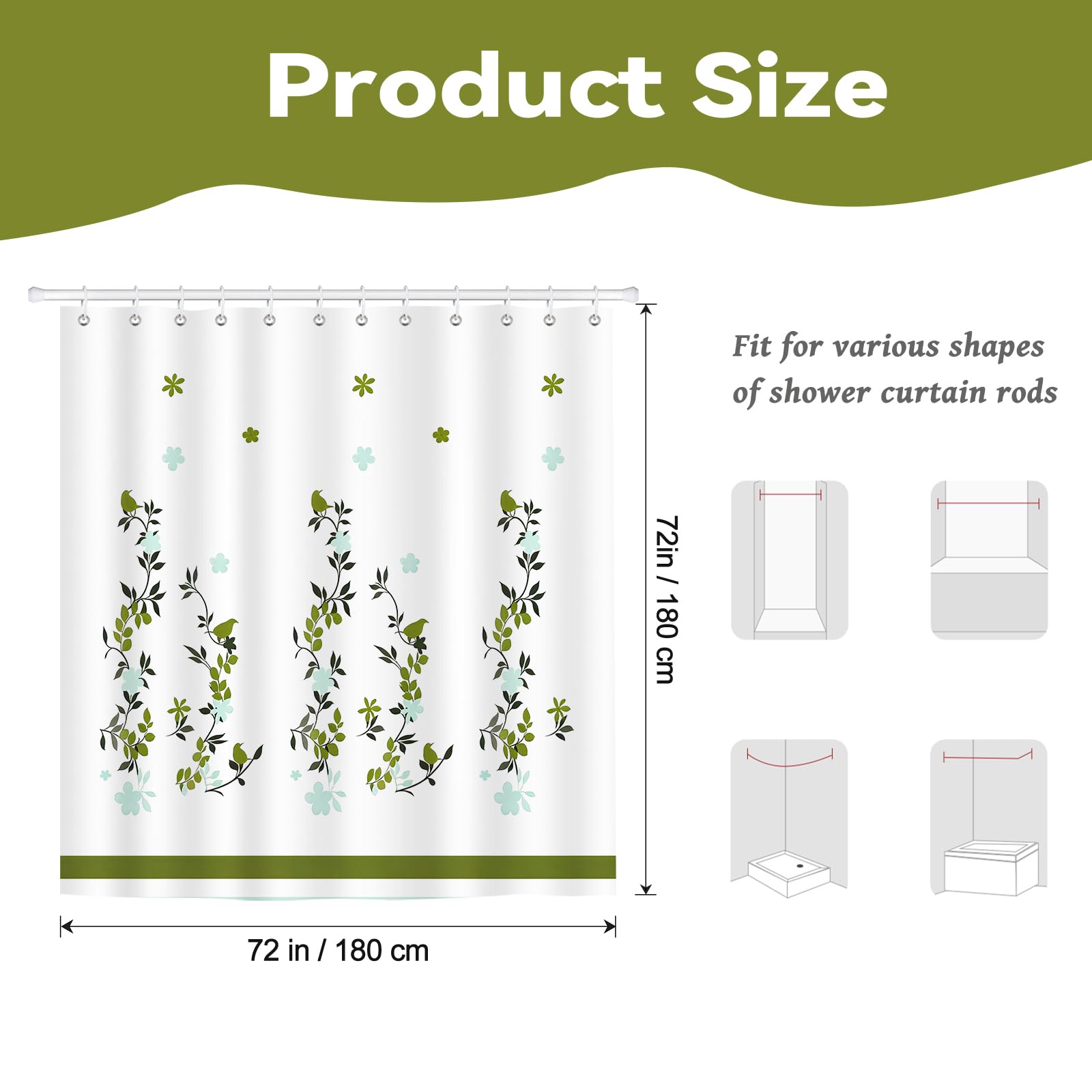 Hopomoon Green Birds Shower Curtain,Waterproof Polyester Fabric Leaves Fashion Bathroom Curtain with 12 Hooks,180 x 180 cm - Image 2