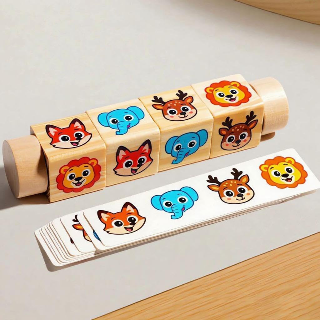 Wooden Animal Rotating Blocks Puzzle Montessori Toddler Matching Game Fine Motor Skills Sensory Toy for Kids 1-3 Years Old