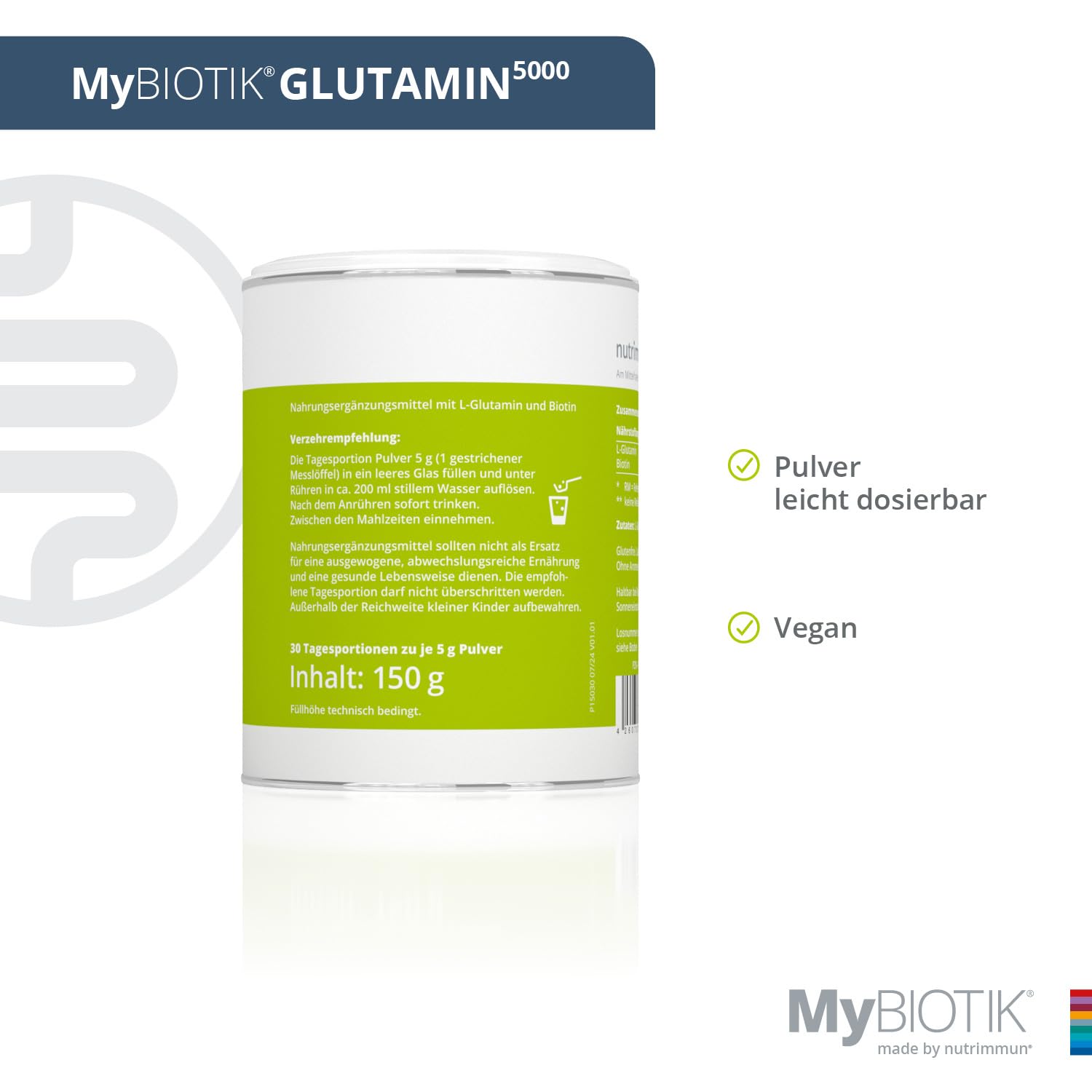 MyBIOTIK®GLUTAMIN5000 I made by nutrimmun I Für 30 Tage I Hochdosiert I 5g L-Glutamin I Biotin I Pulver I Ohne Zusatzstoffe I Vegan I Glutenfrei I Laktosefrei I Laborgeprüft
