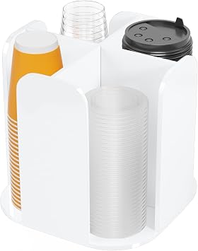 Beego Rotatable 4-Compartment White Acrylic Cup Dispenser - Coffee Station Cup and Lid Carousel Countertop Plastic Cup Holder for Restaurant Breakroom Coffee Bar
