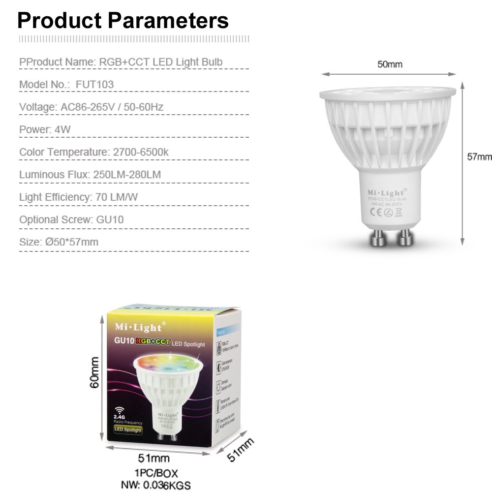 Mi-Light LED-Spots und Fernbedienung für kabellose Steuerung, 2,4 GHz, RF, Touch-Panel, 4 W, Farbwechsel-LEDs, GU10, voll dimmbar von Warmweiß 2700 K bis Kaltweiß 6500 K, CCT, gu10, 4.0 wattsW
