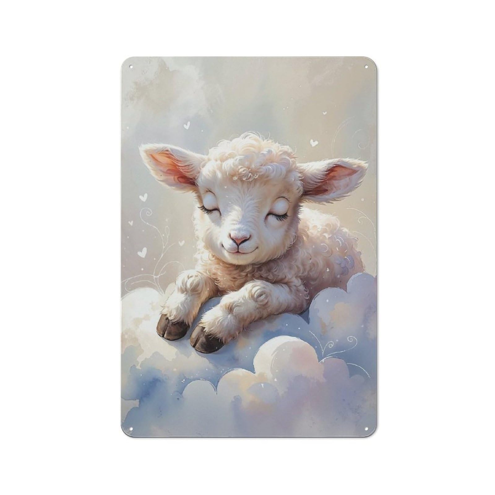 Junmoney Sleeping Lamb On Clouds Watercolor Classic Metal Wall Decor 30X20cm, Decorative Metal Sign For Workspace, Cafe, Shop Or Desk Area