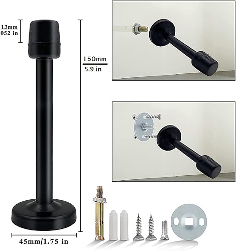 Vista 7 de KOLAKO Topes de puerta, topes de puerta negros de 6 pulgadas (5.906 in), tope de puerta de montaje en pared con parachoques de goma, acero Negro