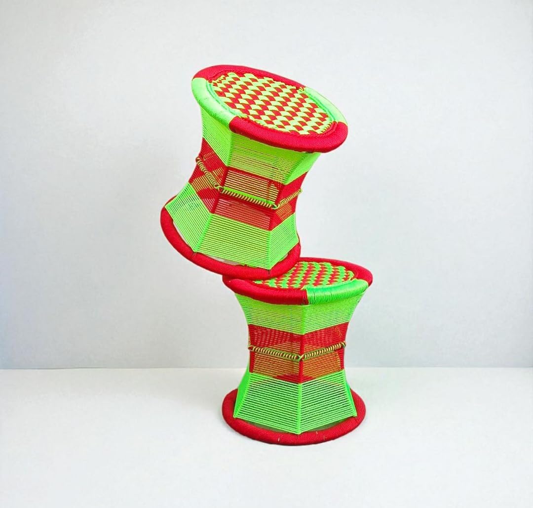 Al Fly Handcrafted Iron Bar Mudda/Chair/Muddha Sitting Stool for Outdoor/Indoor/Mooda for Living Room/Farm House/Furnishing - Set of 2 (Green & Red)-image-15