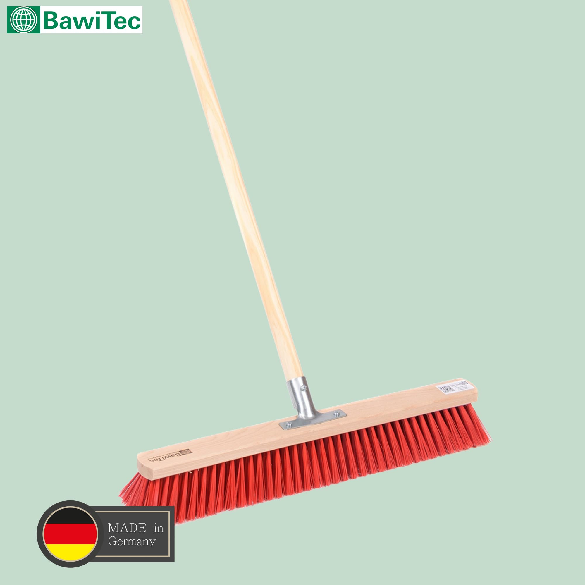 Profi Straßenbesen 60cm Breit mit Stiel 160cm rote Borsten Besen Holzstiel | Metall-Stielhalter Verschraubt, Elaston-Kunststoffborsten, Rot, Kehrbesen für Draußen